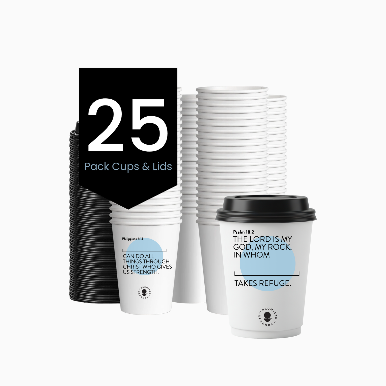 25 Blue Scripture Coffee Cups - Double Walled Paper Cups & Lids 12oz (Blue Edition)