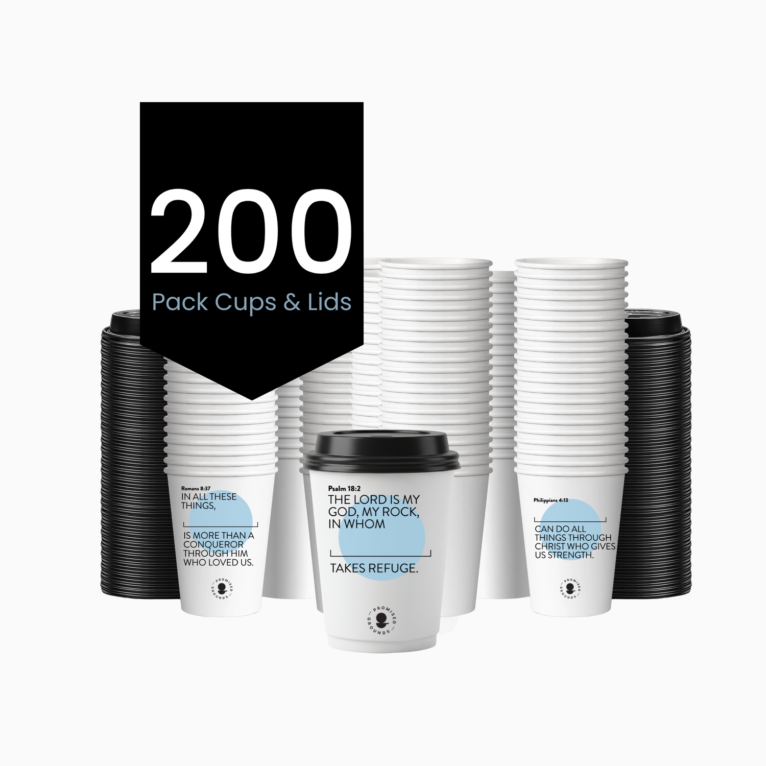 200 Blue Scripture Coffee Cups - Double Walled Paper Cups & Lids 12oz (Blue Edition)