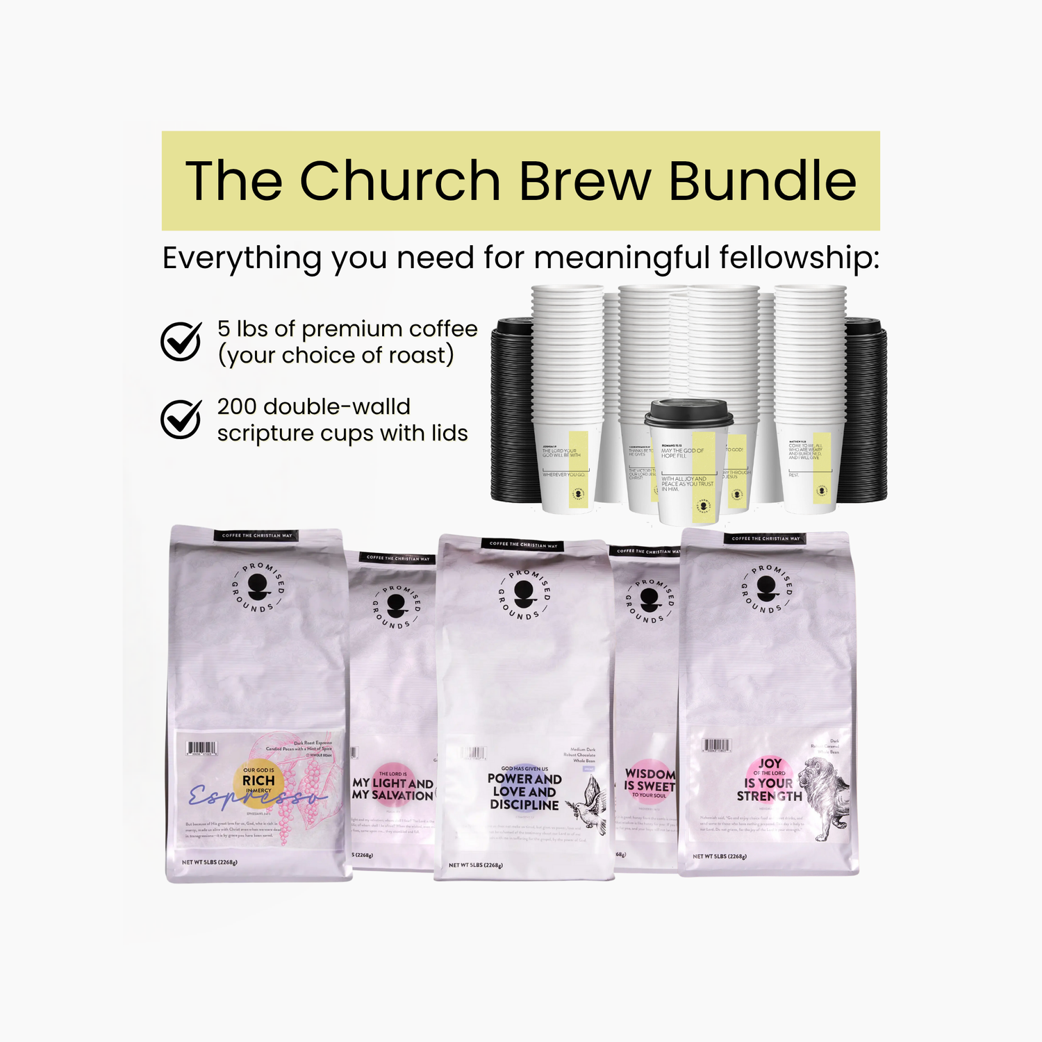 Church Brew Bundle – Bulk 5lb Coffee & Cups with a Calling (Yellow Paper Cups) - Promised Grounds