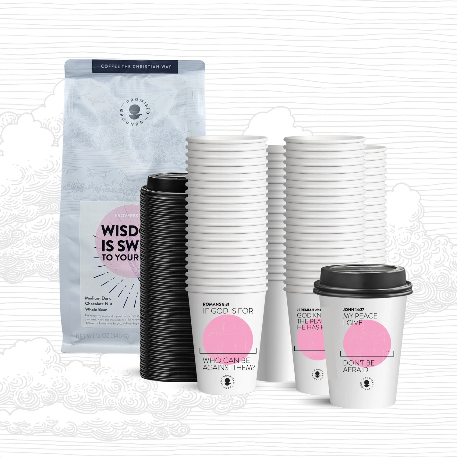 12oz Coffee + 25 Scripture Cups – Brew & Serve with Faith