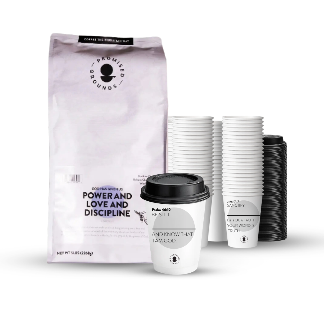 Church Brew Bundle – Bulk 5lb Coffee & Cups with a Calling (Grey Paper Cups) - Promised Grounds