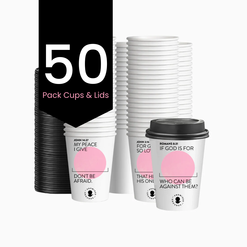 50 Pink Scripture Coffee Cups - Double Walled Paper Cups & Lids 12oz (Pink Edition)
