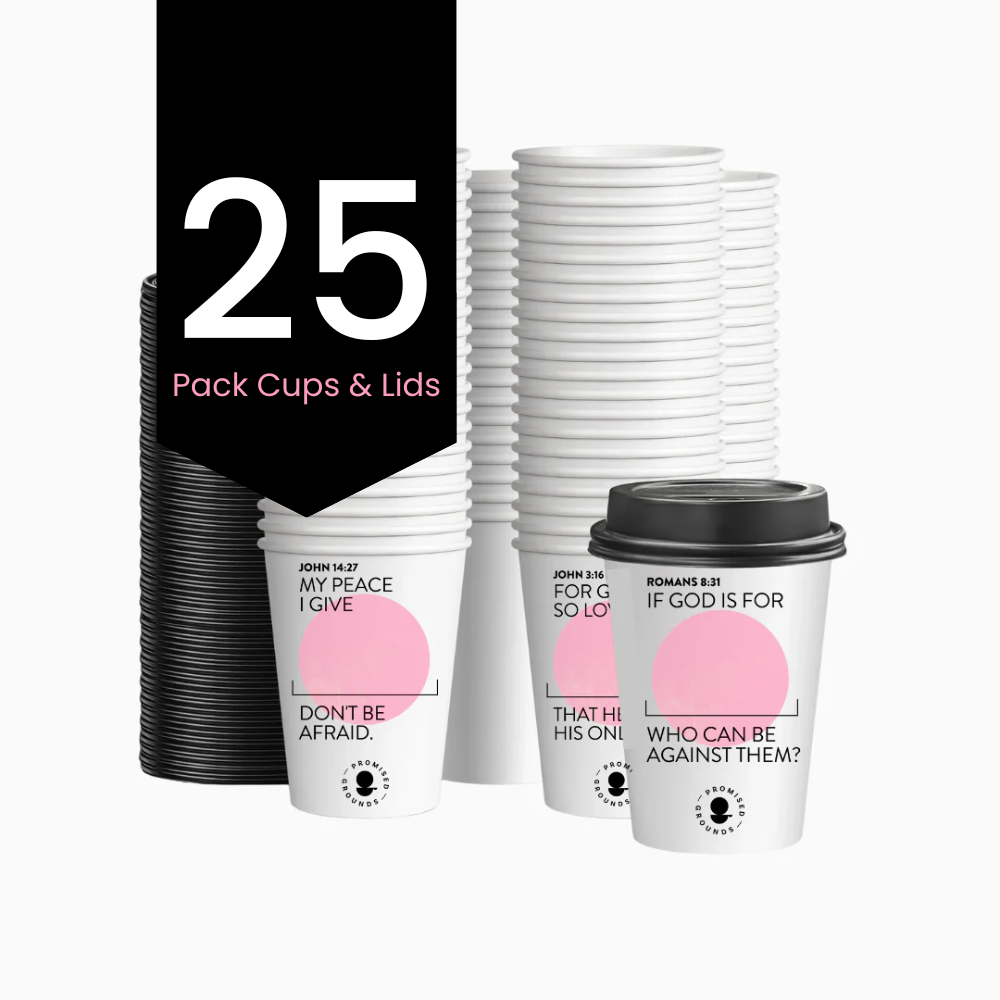 25 Pink Scripture Coffee Cups - Double Walled Paper Cups & Lids 12oz (Pink Edition)