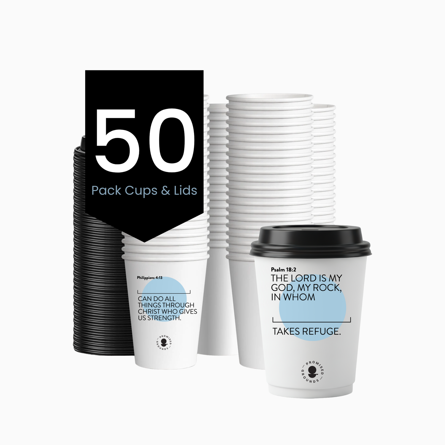 50 Blue Scripture Coffee Cups - Double Walled Paper Cups & Lids 12oz (Blue Edition)