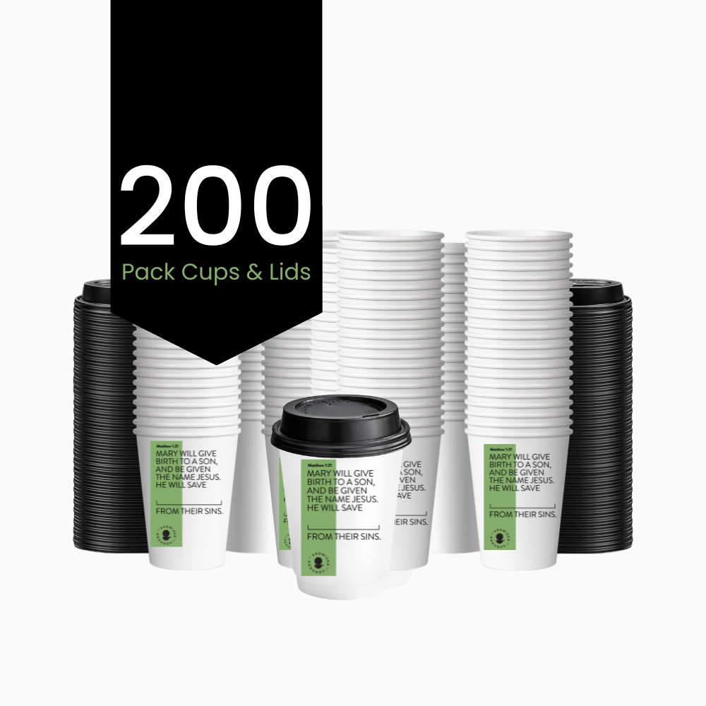 200 Christmas Scripture Coffee Cups - Double Walled Paper Cups & Lids 12oz (Christmas Edition)