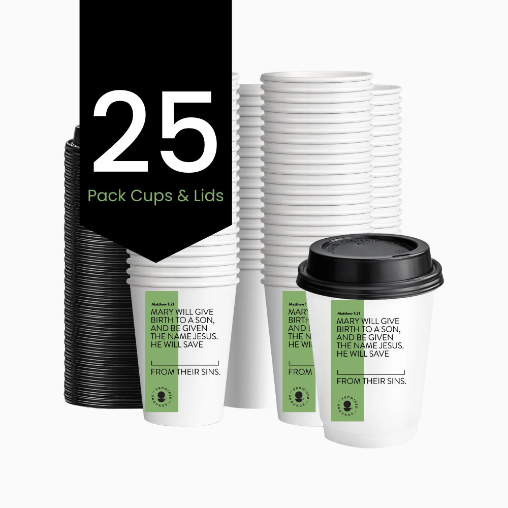 25 Christmas Scripture Coffee Cups - Double Walled Paper Cups & Lids 12oz (Christmas Edition)