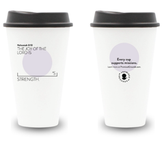 Grey reusable scripture cup with Nehemiah 8:10 and a blank line to write in a name