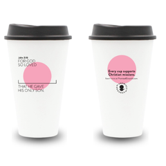 Pink reusable scripture cup with John 3:16 and a blank line to write in a name