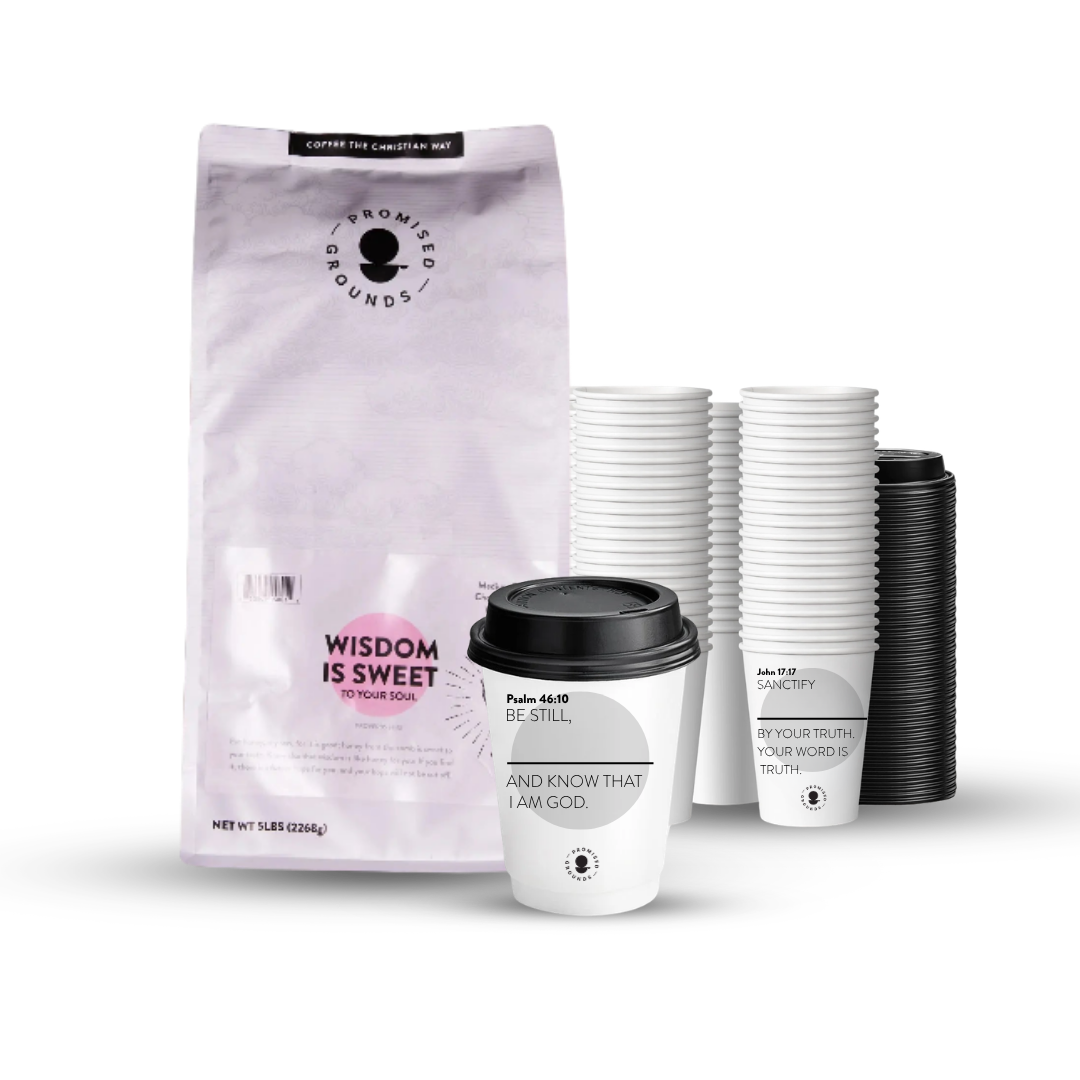 Church Brew Bundle – Bulk 5lb Coffee & Cups with a Calling (Grey Paper Cups) - Promised Grounds
