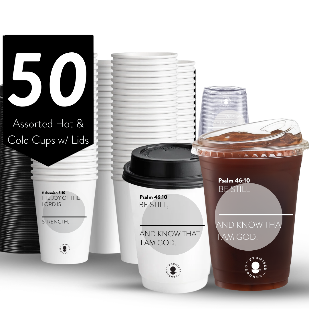 Grey Scripture Cups Bundle – 25 Hot + 25 Cold (Cups & Lids Only)