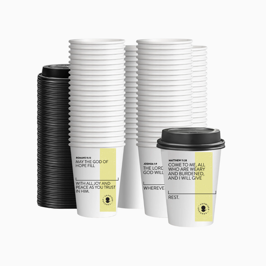 Scripture Coffee Cups – 25 Personalized Yellow Scripture Coffee Cups