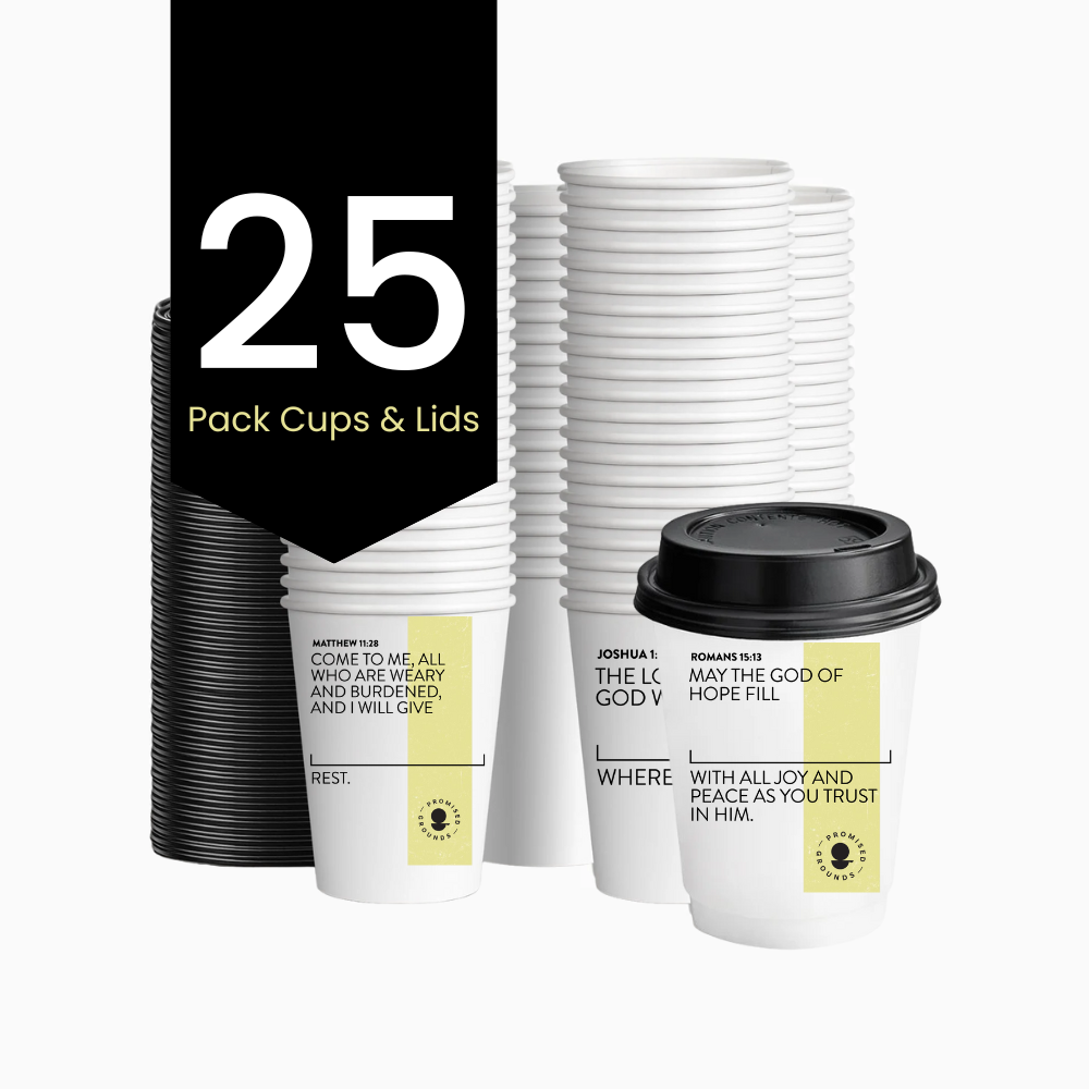 25 Yellow Scripture Coffee Cups - Double Walled Paper Cups & Lids 12oz (Yellow Edition)