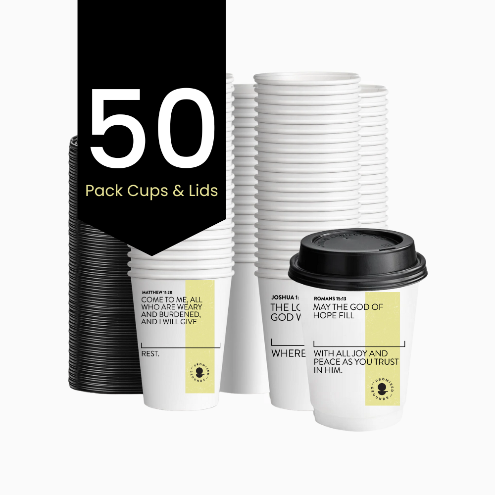 50 Yellow Scripture Coffee Cups - Double Walled Paper Cups & Lids 12oz (Yellow Edition)